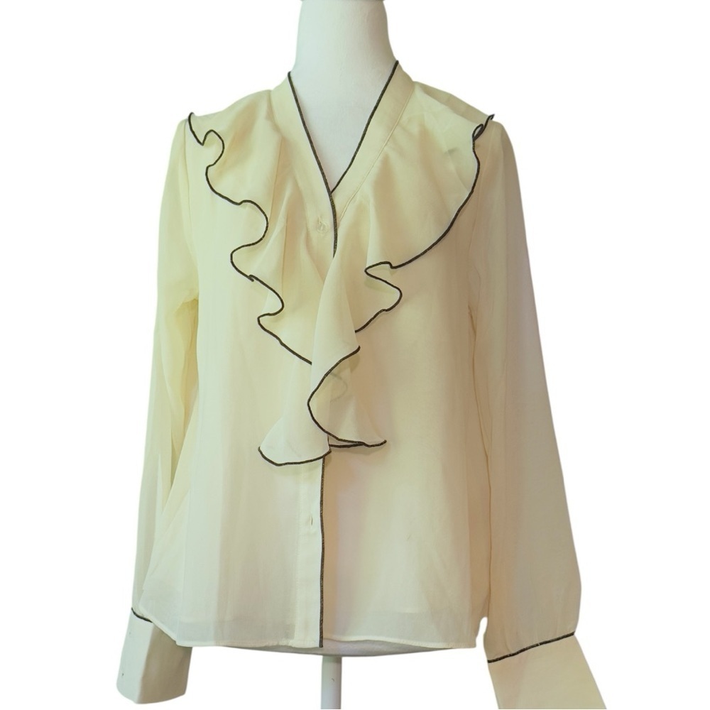 Muse Republic Clothing Ivory/Black Long-sleeve Front Ruffle Blouse Small Petite